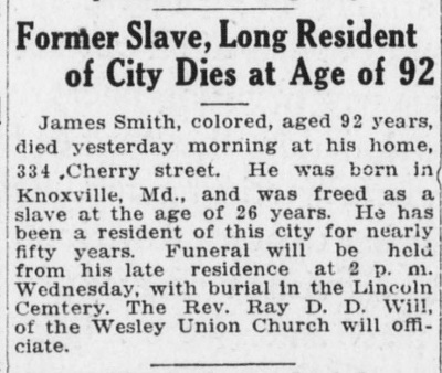 1917 Death notice for James Smith, a formerly enslaved resident of Harrisburg, PA.